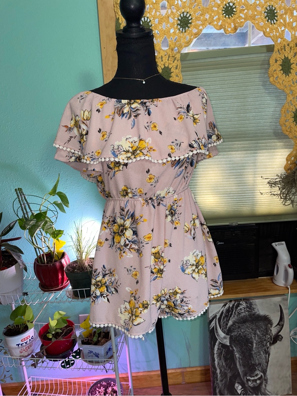 Pink Floral Off-Shoulder Romper with Ruffle